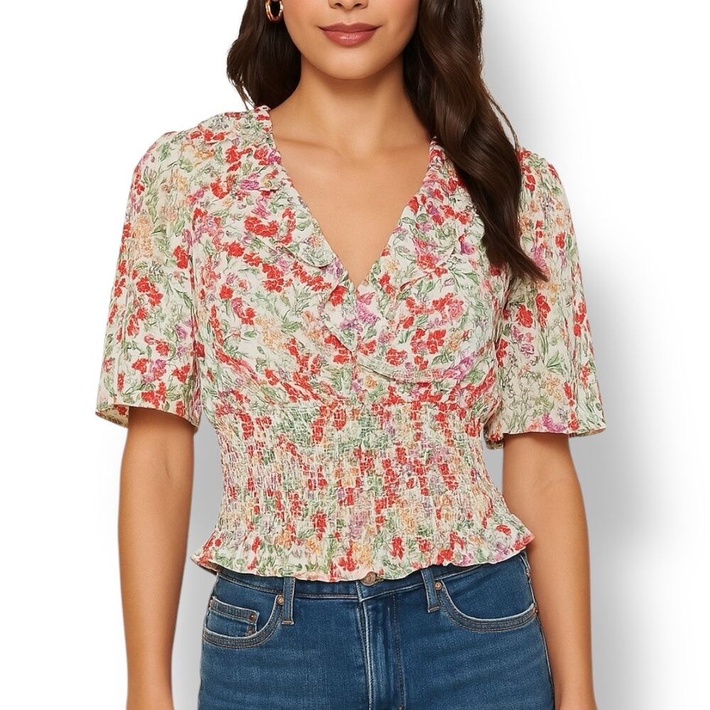 Astr Floral Smocked Peplum Blouse in Red, Green, Cream